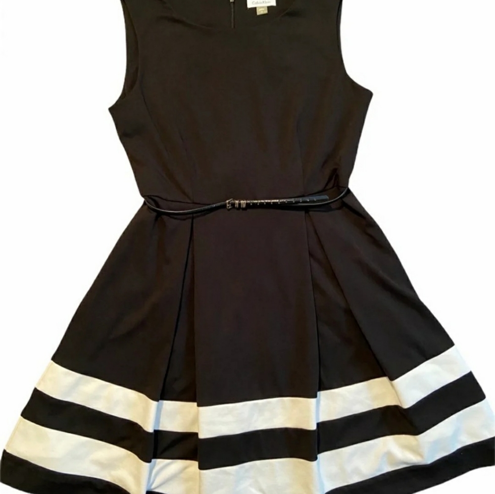 Calvin Klein black and White belted dress